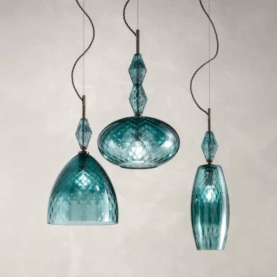 Distinguished Euroluce Mood suspension lamp crafted in teal glass with a diamond texture and refined shaded finish