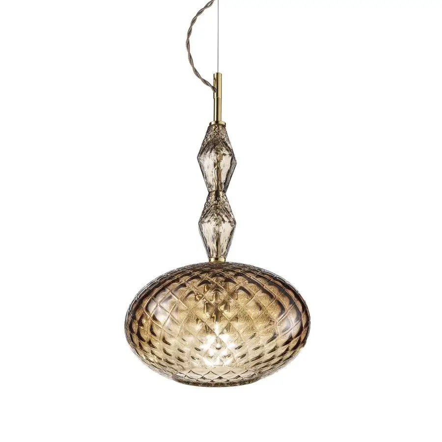Exceptional Euroluce Mood suspension lamp crafted in textured glass with a refined shaded amber-toned gold hue