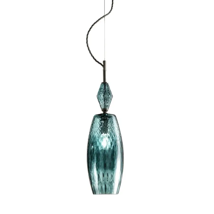 Elegant Euroluce Mood suspension lamp crafted in teal glass with a diamond texture and glossy finish