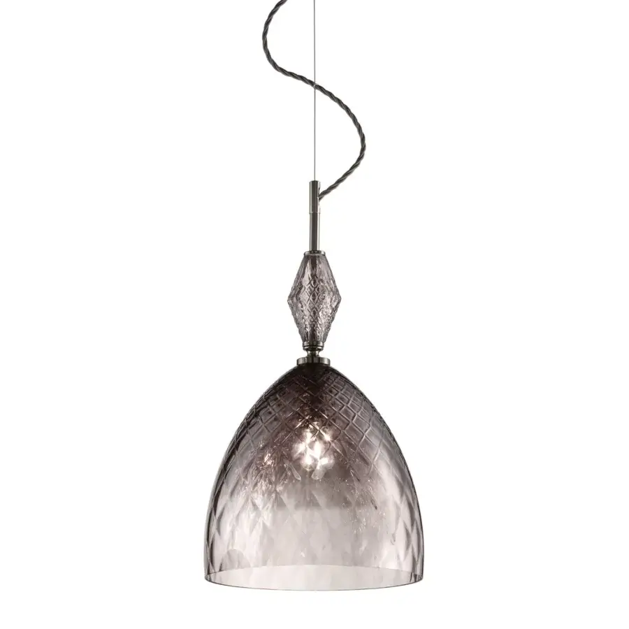 Superior Euroluce Mood suspension lamp crafted in hand-blown glass with smoky gray to clear gradient and polished chrome accents