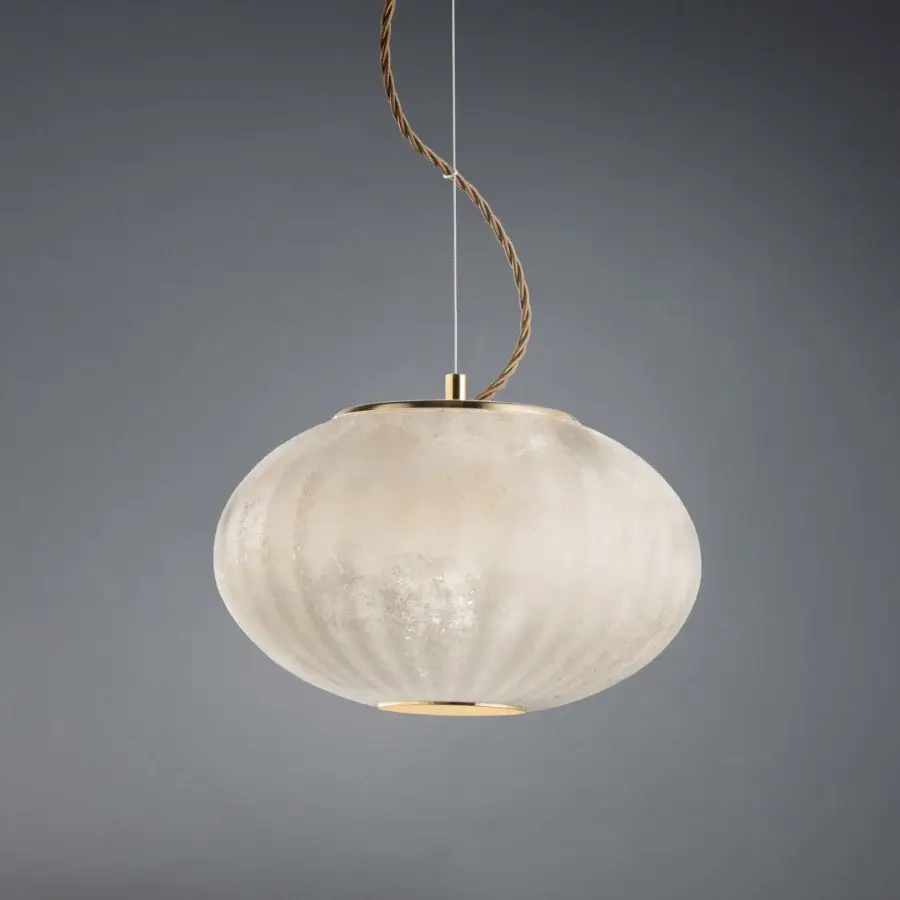 Distinguished Euroluce Moonlight suspension lamp crafted in textured creamy white glass with polished golden metal rims and a unique vintage finish