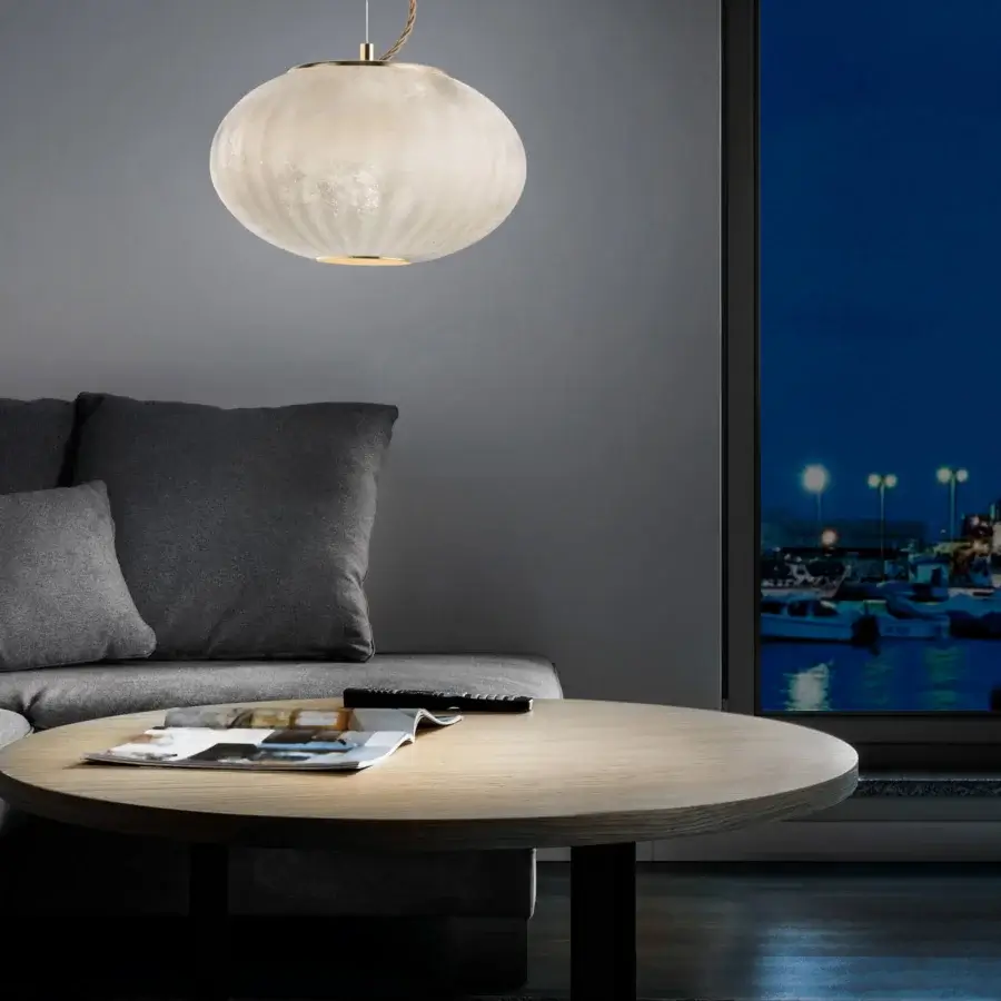 Exceptional Euroluce Moonlight suspension lamp crafted in off-white with a twisted golden cord and unique vintage finish