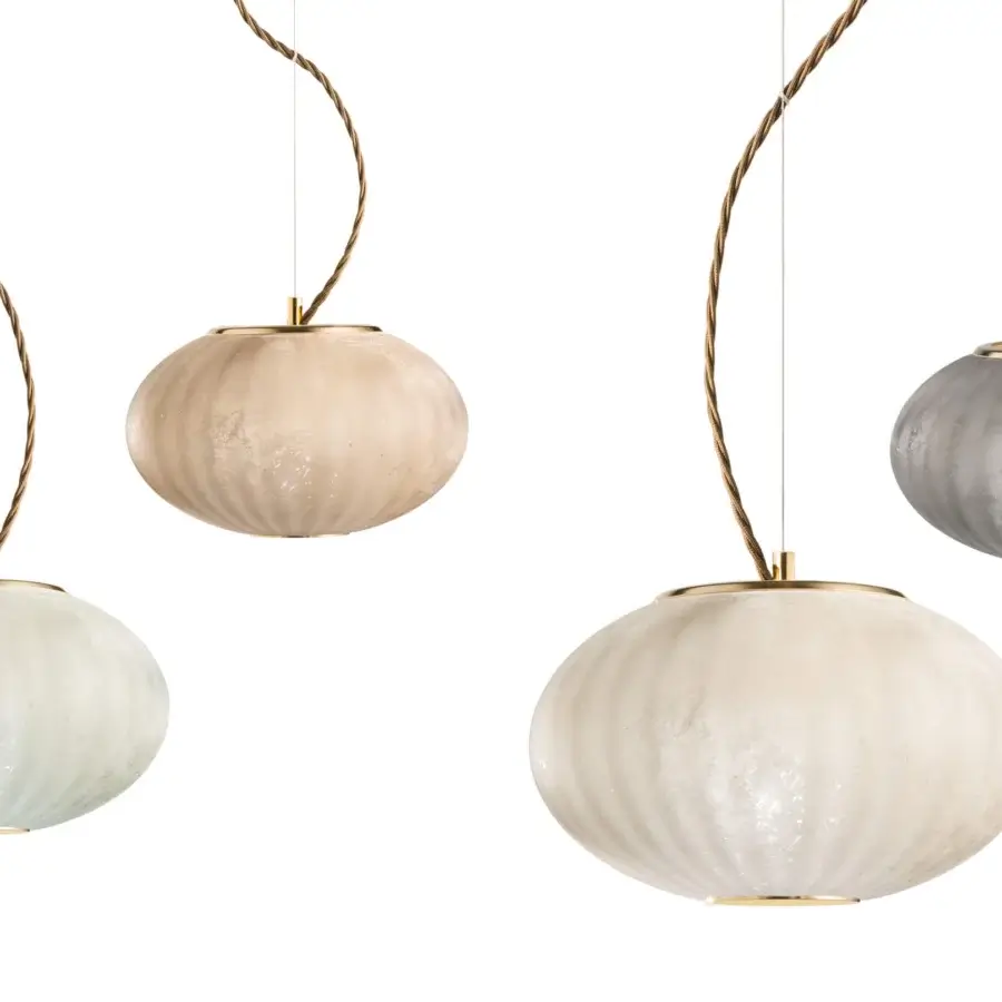 Distinguished Euroluce Moonlight suspension lamp with blush pink textured shade and looping golden-toned metal cord