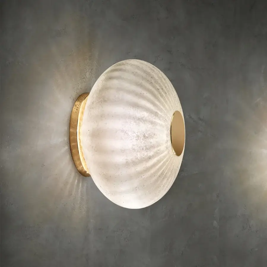 Superior Euroluce Moonlight wall lamp crafted in cream ribbed glass with satin golden metallic base and vintage finish