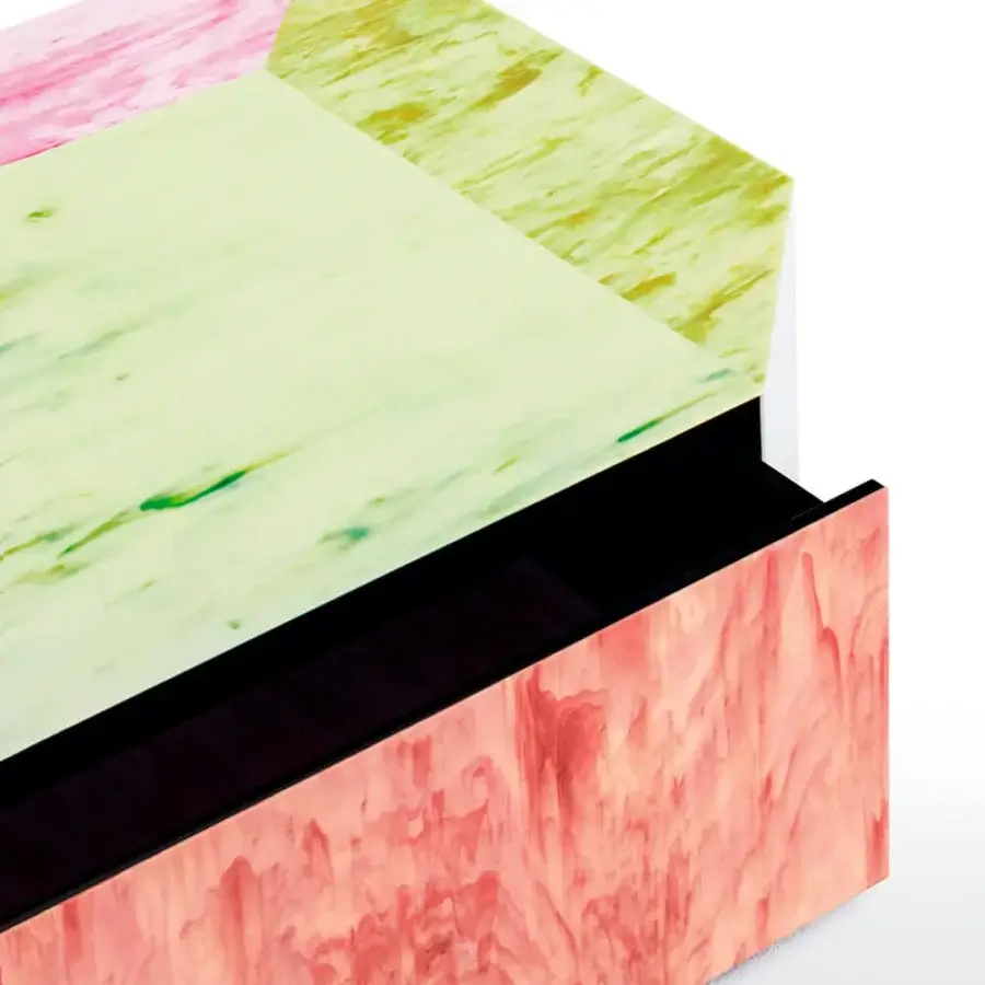 Distinguished Glas Italia Remis coffee table with a mosaic of cast glass tiles in pink, green, and yellow hues, exhibiting a glossy finish