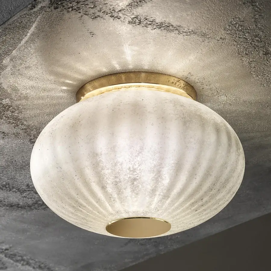 Elegant Euroluce Moonlight ceiling lamp with textured glass and golden metallic base in a vintage finish