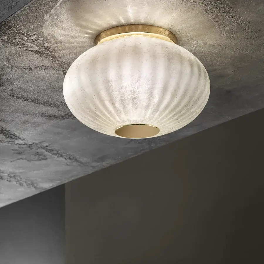 Exceptional Euroluce Moonlight ceiling lamp with ribbed translucent glass and polished golden metallic mounting plate