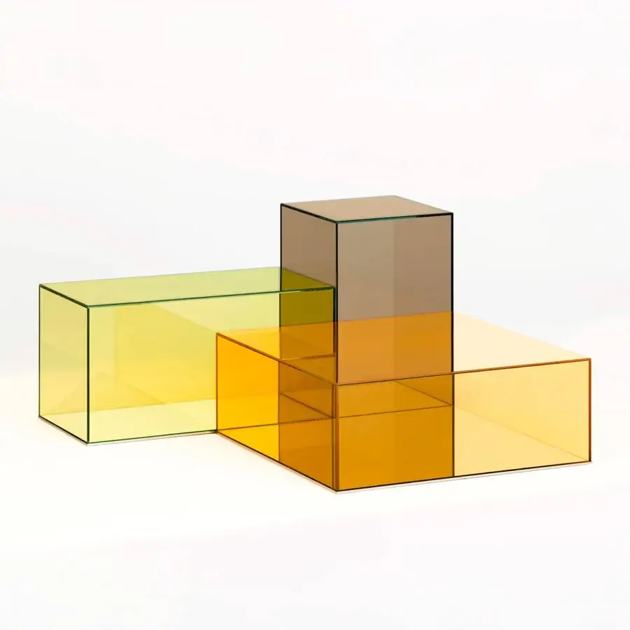 Distinguished Glas Italia Donald table crafted in laminated glass with amber gradient and mirrored stainless steel base
