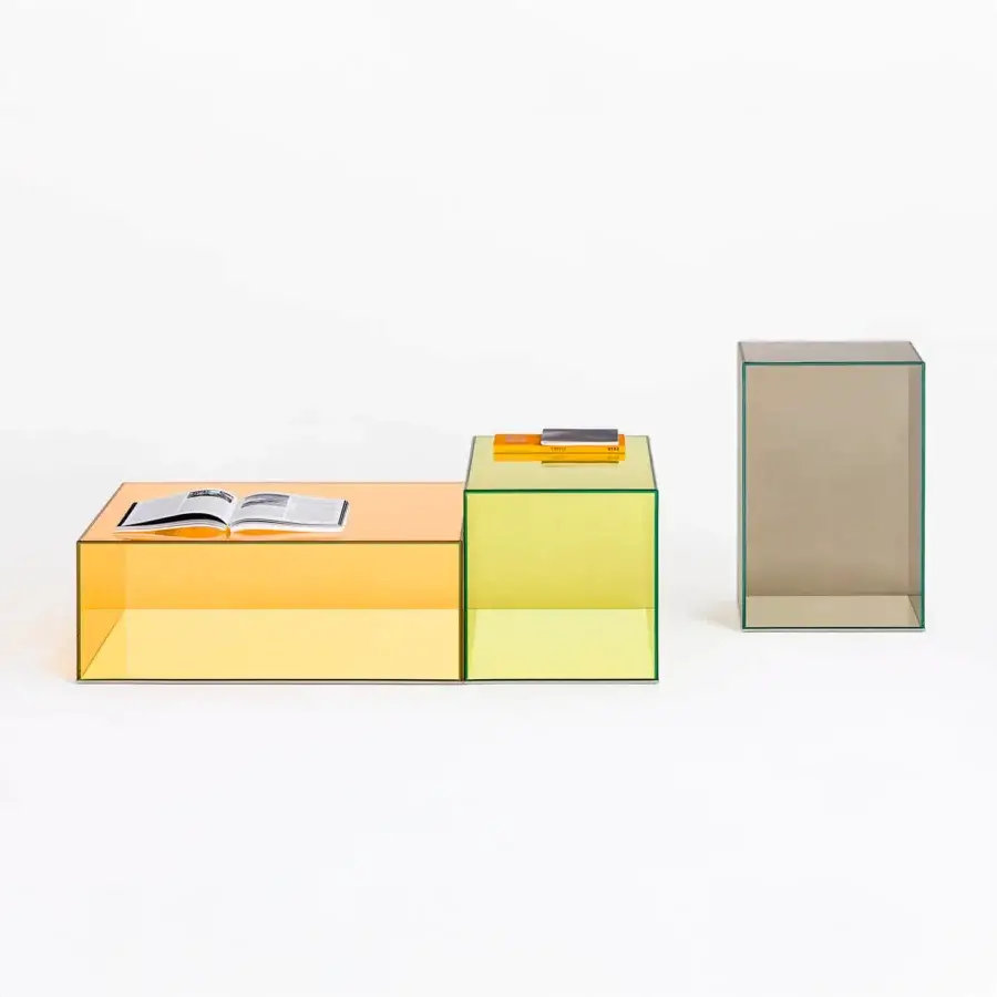 Superior Glas Italia Donald table crafted in orange laminated glass with glossy bonded construction and mirrored stainless steel base