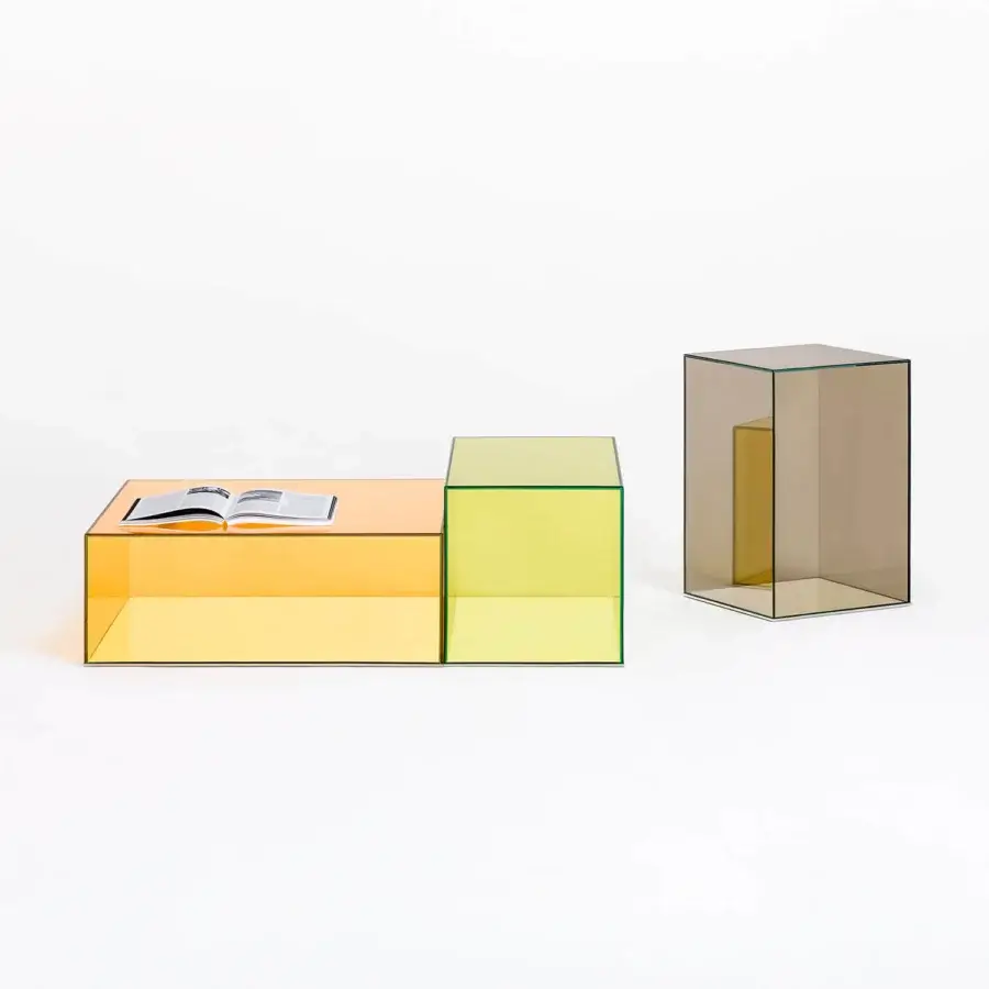 Captivating Glas Italia Donald table crafted in orange laminated glass with glossy finish and mirrored stainless steel base