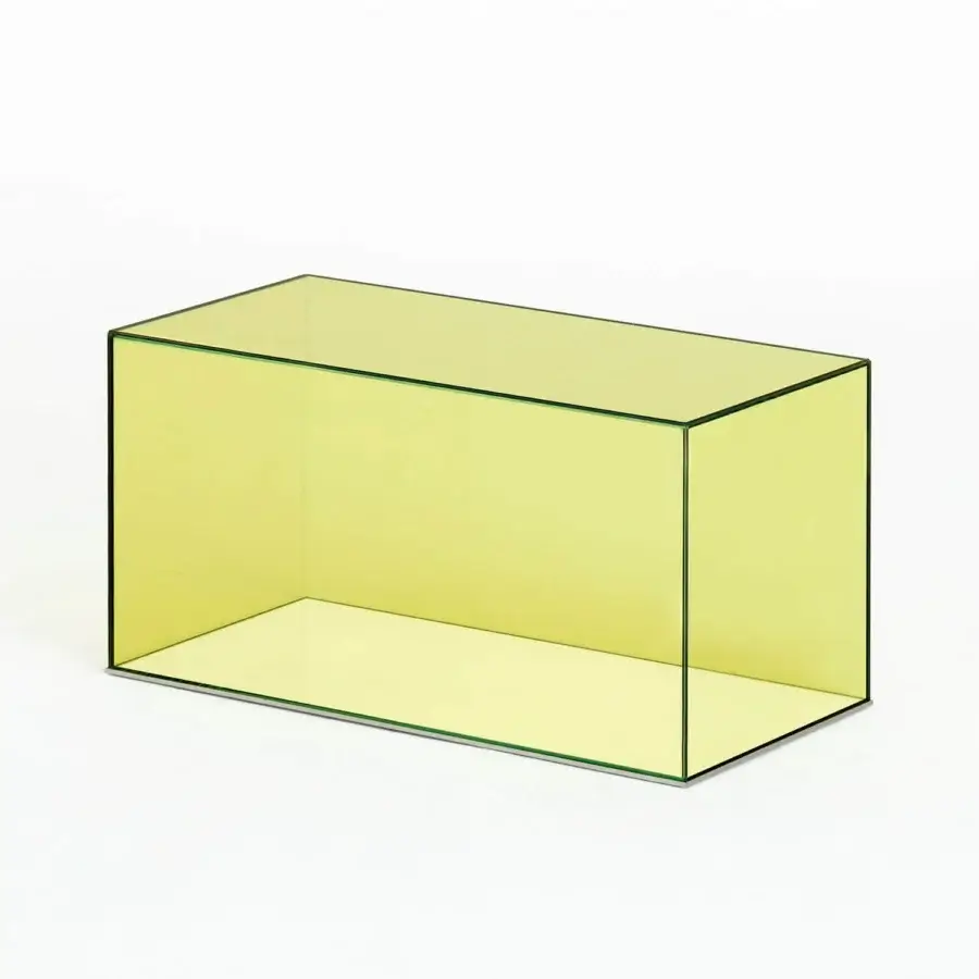 Distinguished Glas Italia Donald table built in pale yellow laminated glass with mirrored stainless steel base