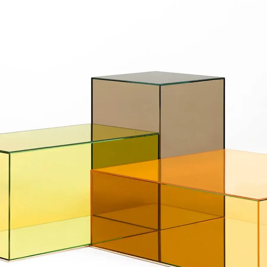 Exceptional Glas Italia Donald table built in warm amber and yellow transparent laminated glass with mirrored stainless steel base