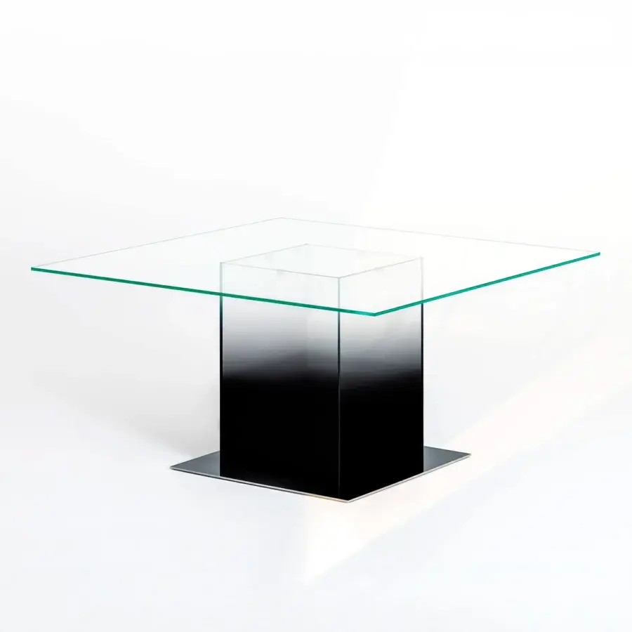 Exclusive Glas Italia Donald table built in crystal-clear laminated glass with fading transparent colored volume and mirror-polished stainless steel base