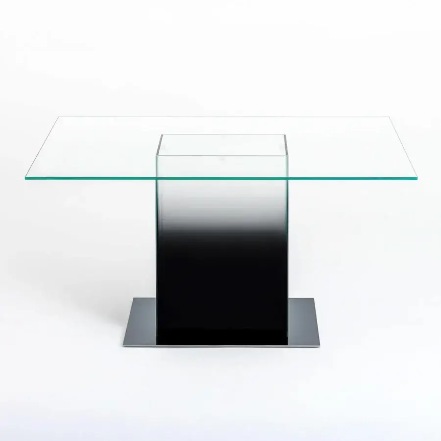 Exceptional Glas Italia Donald table built in crystal-clear laminated glass with a gradient fading to black and mirror-polished stainless steel base