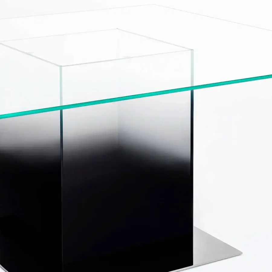 Distinguished Glas Italia Donald table crafted in laminated extralight glass with a gradient from dark gray to transparent and mirror-polished stainless steel base
