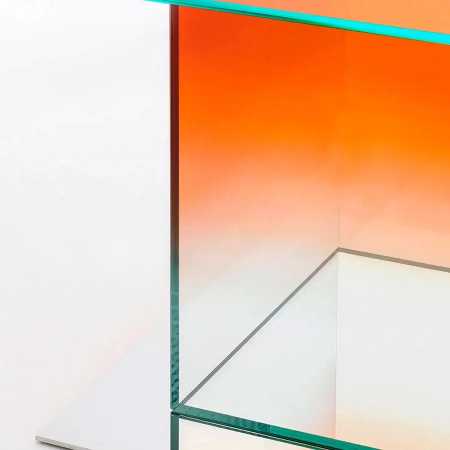Exceptional Glas Italia Donald table built in laminated extralight glass with gradient orange and yellow tones plus mirror-polished stainless steel base