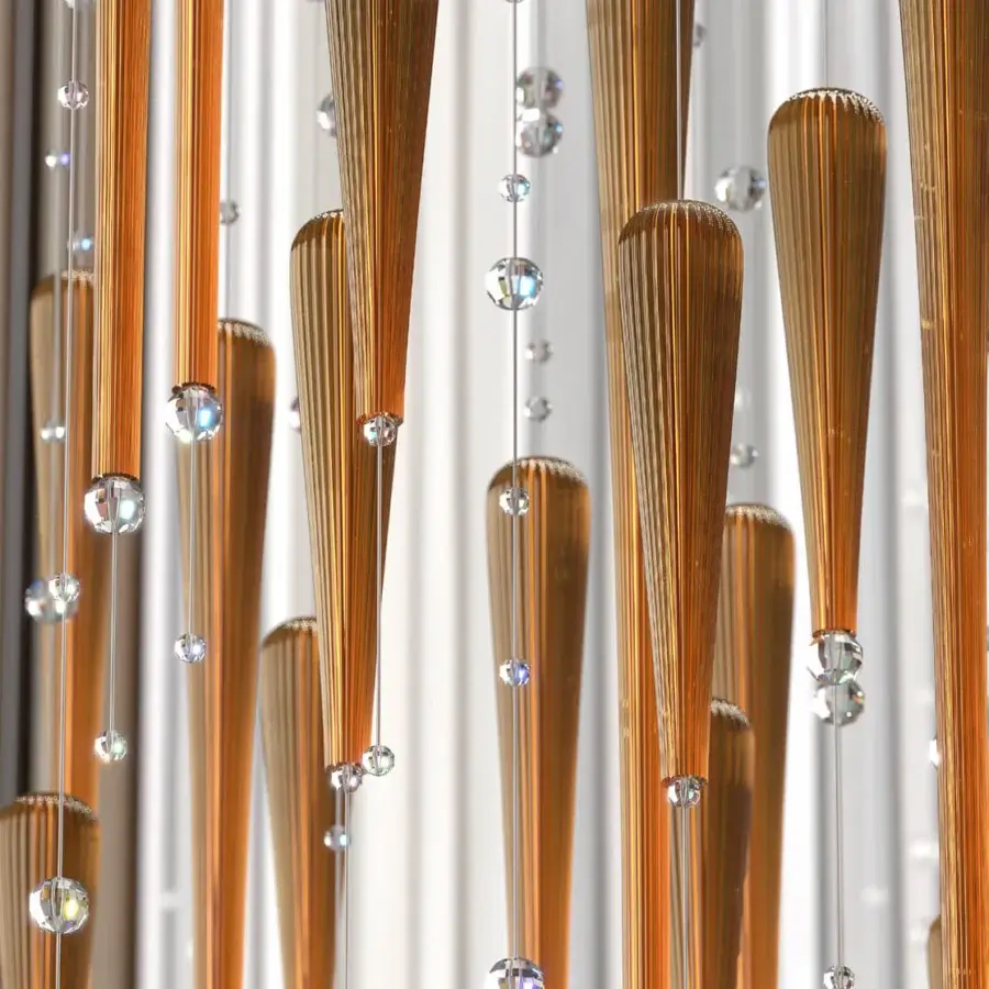 Superior Euroluce Reflessi Linear Suspension Lamp with warm golden-brown wood and cascading clear glass crystals in satin finish