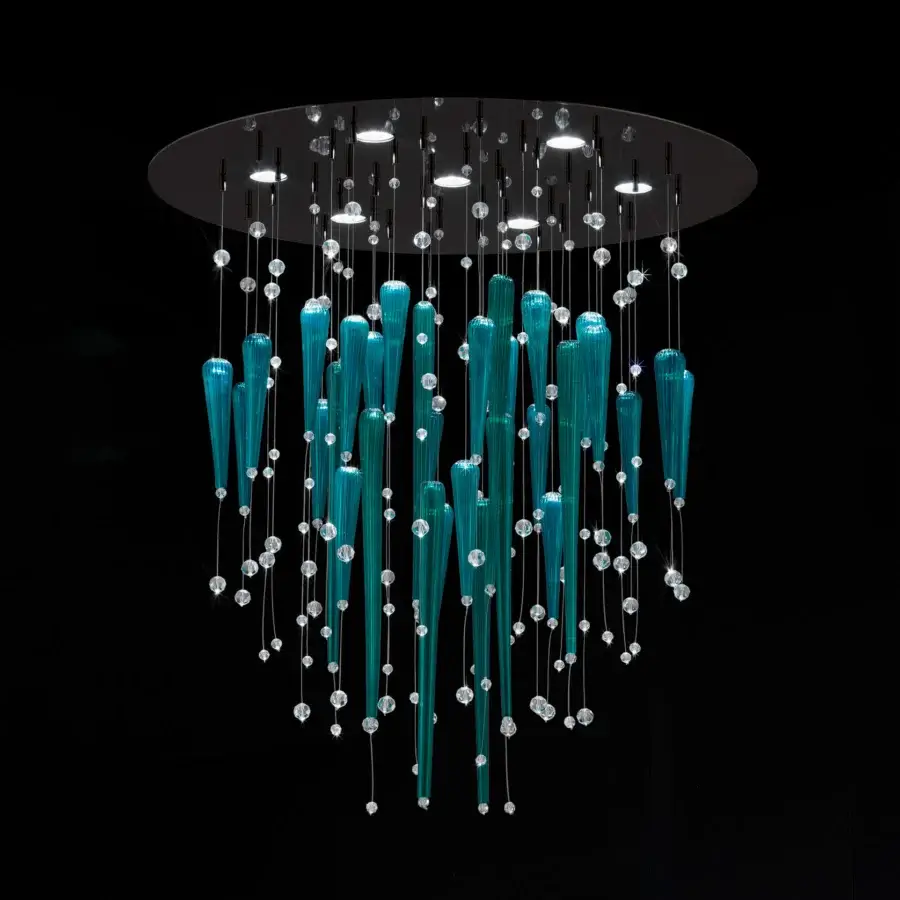 Exclusive Euroluce Reflessi suspension lamp with elongated glass elements and clear crystal beads in turquoise with a glossy finish