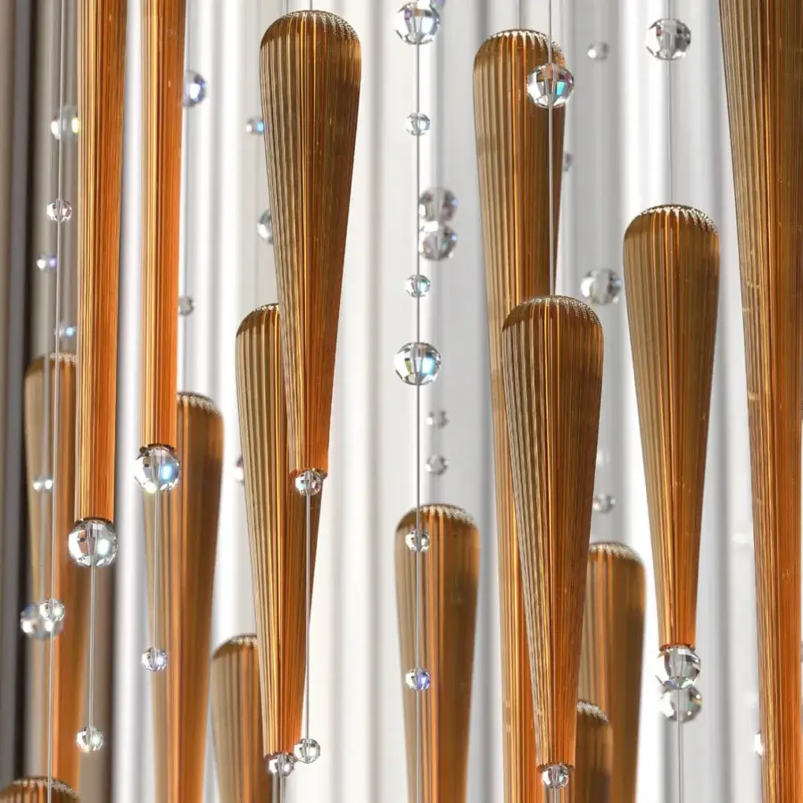 Distinguished Euroluce Reflessi suspension lamp crafted in glass and wood with a warm golden-brown textured satin finish