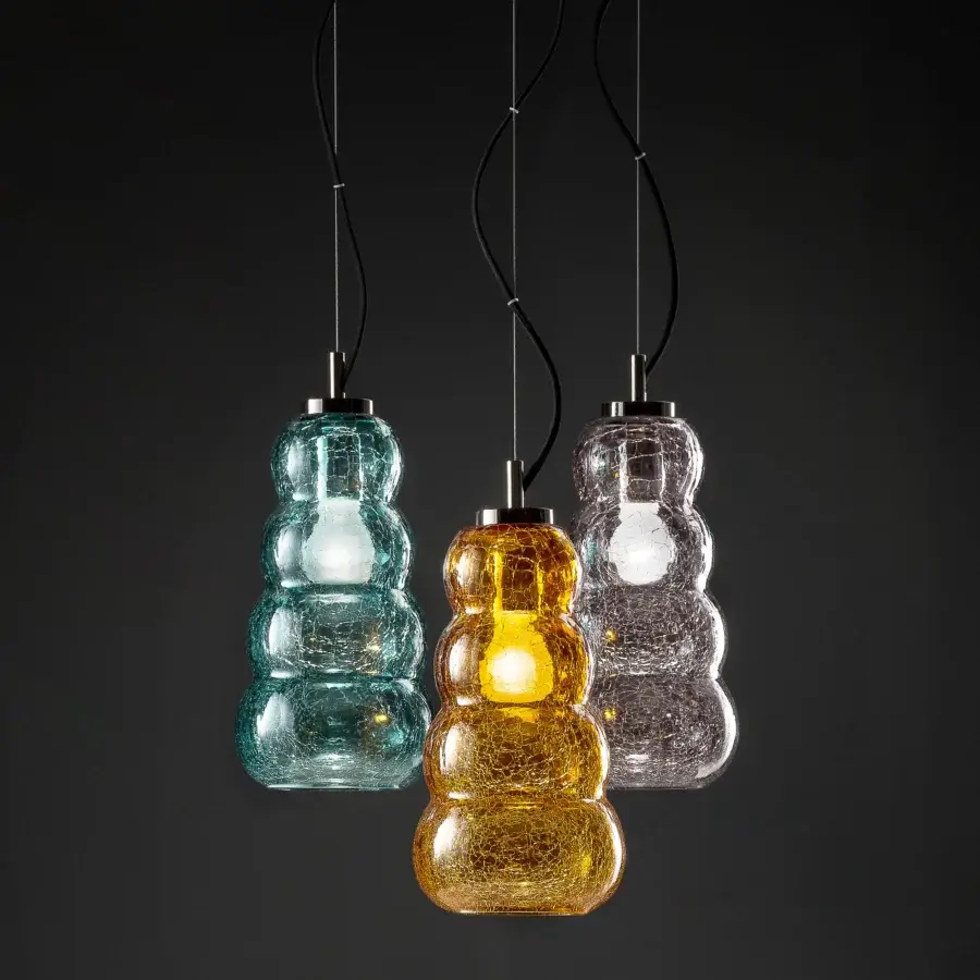 Luxury Euroluce Vogue suspension lamp crafted in teal blue blown glass with a cracklè finish and sleek metal supports
