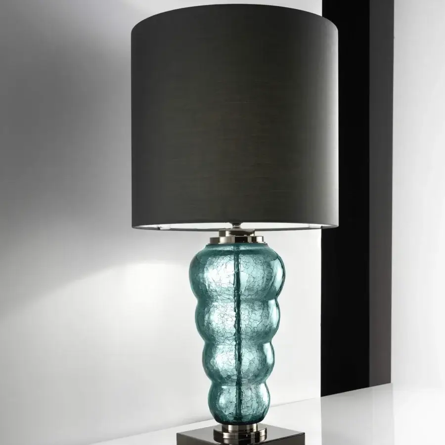 Superior Euroluce Vogue table lamp in muted teal blown glass with dark gray cylindrical lampshade and cracklè finish