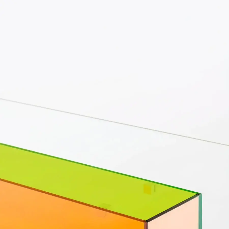 Superior Glas Italia Donald table crafted with orange and green laminated extralight glass and mirror-polished stainless steel base