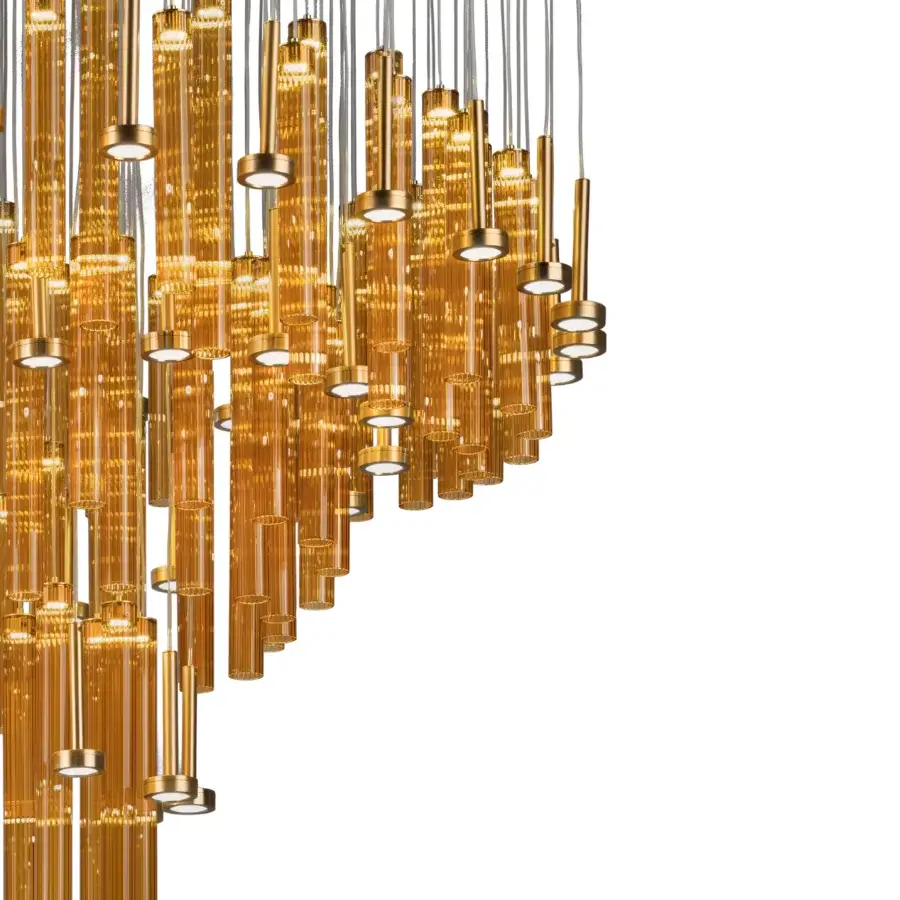 Distinguished Euroluce Abstract suspension lamp with cascading translucent amber glass cylinders and polished gold-toned metal accents