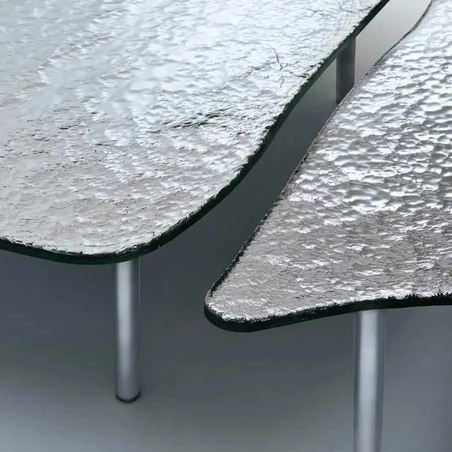 Luxury Glas Italia Specchio di Venere table with sculpted silvered glass and polished light-toned metal legs