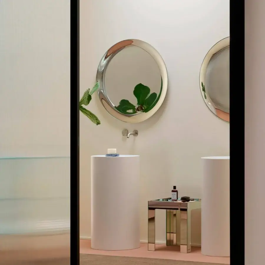 Superior Glas Italia Menteur mirror crafted from extra-clear glass with a highly polished silver surface and subtle warm tones