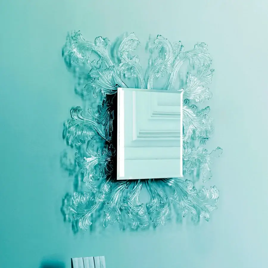 Exquisite Glas Italia Sturm und Drang mirror with swirling baroque-inspired frame in satin white, turquoise and teal hues crafted from hand-made Murano glass