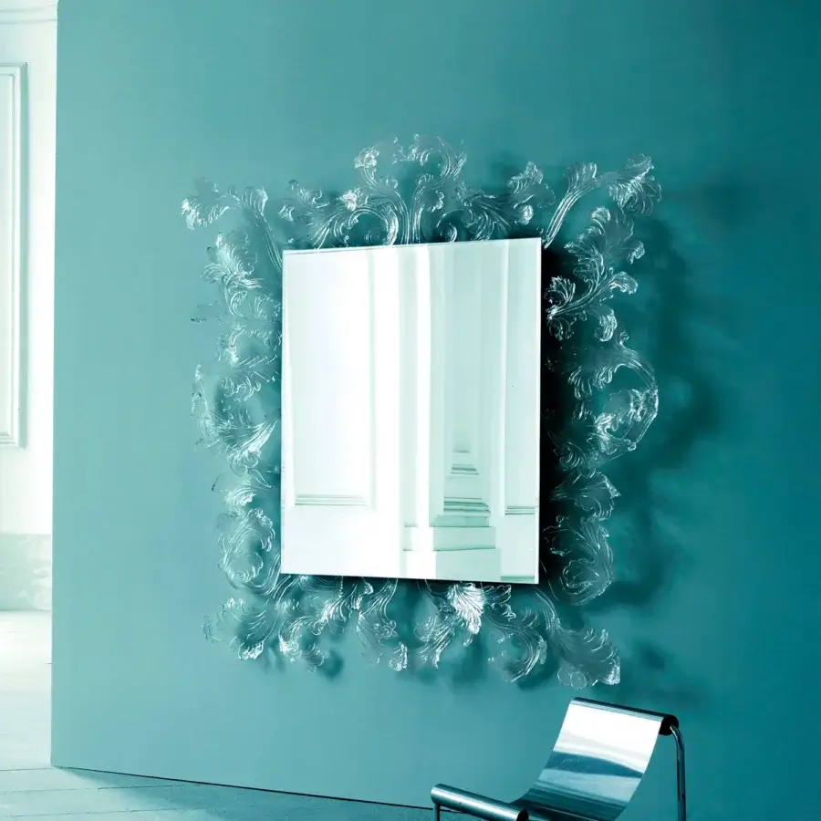Distinguished Glas Italia Sturm und Drang mirror crafted with hand-made Murano glass in a baroque-inspired design with glossy finish