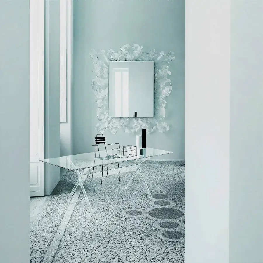 Superior Glas Italia Sturm und Drang mirror crafted with ornate Murano glass in pale blue-grey finish