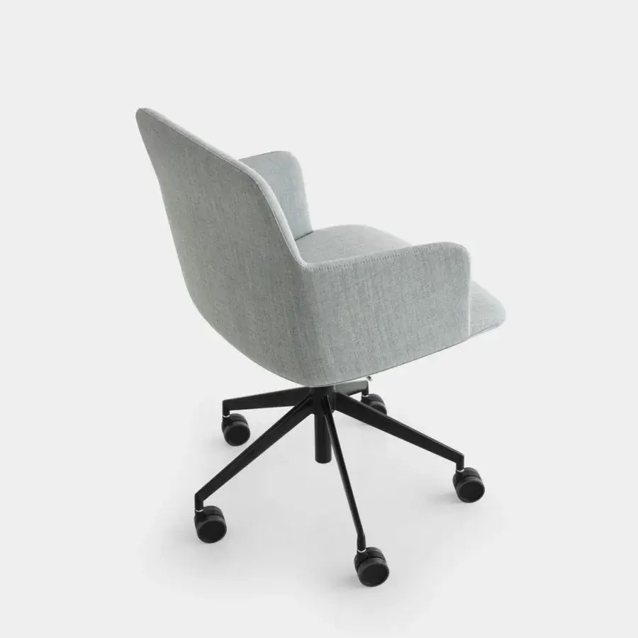 Elegant Lapalma Foil office armchair upholstered in textured light gray fabric with a black powder-coated aluminium swivel base