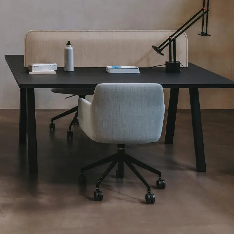 Distinguished Lapalma Foil office armchair upholstered in light gray textured textile with a matte black swivel base