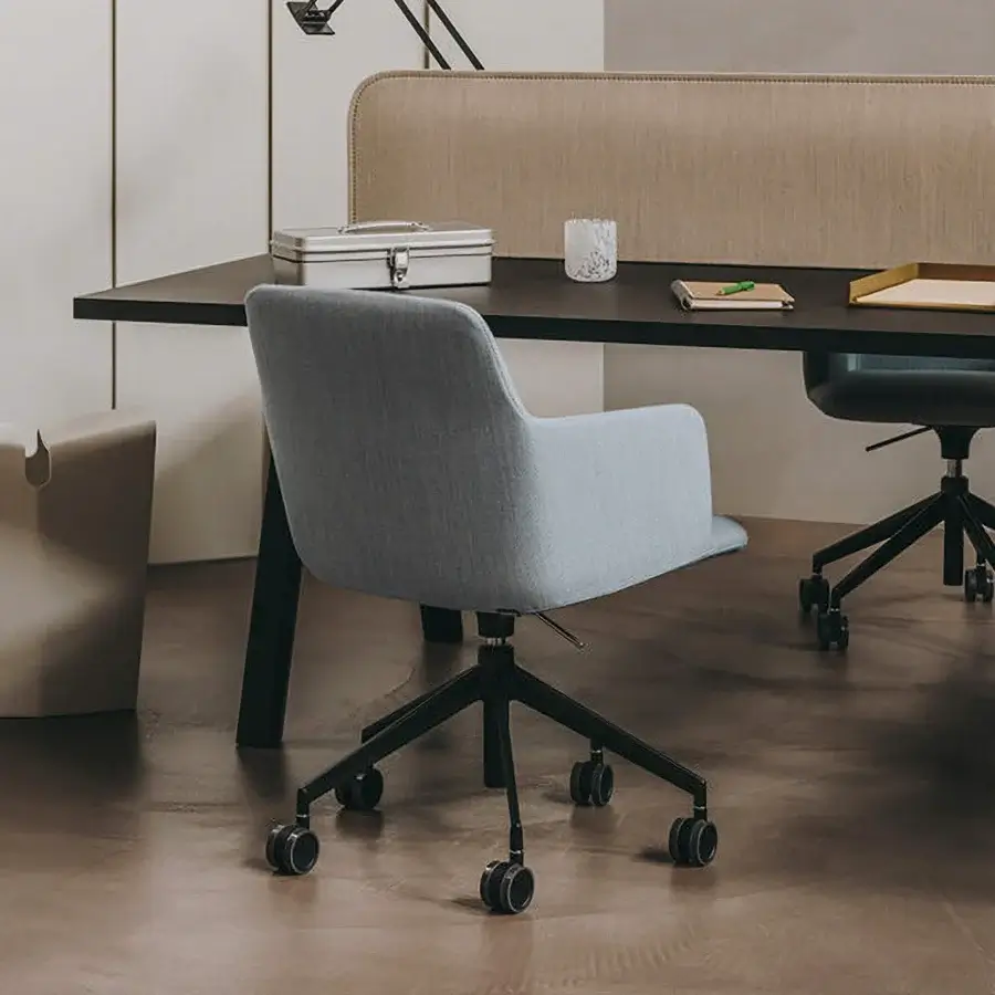 Refined Lapalma Foil office armchair upholstered in light gray woven fabric with a matte powder-coated black aluminum base