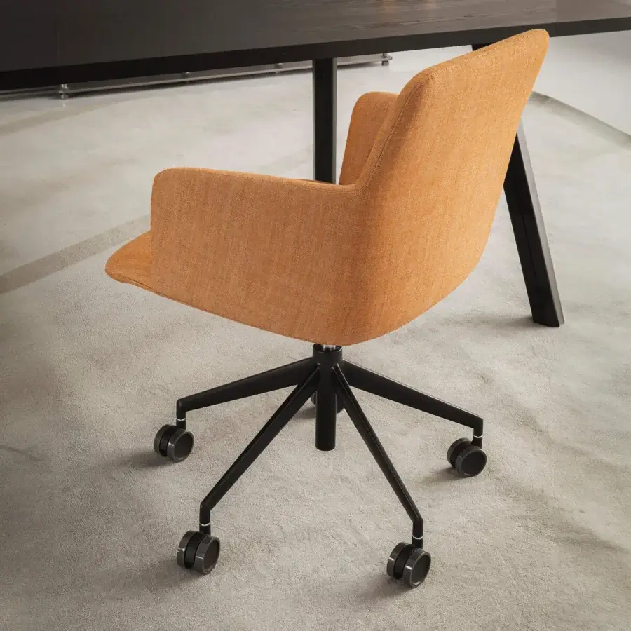 Elegant Lapalma Foil office armchair with warm orange textile upholstery and matte black swivel base