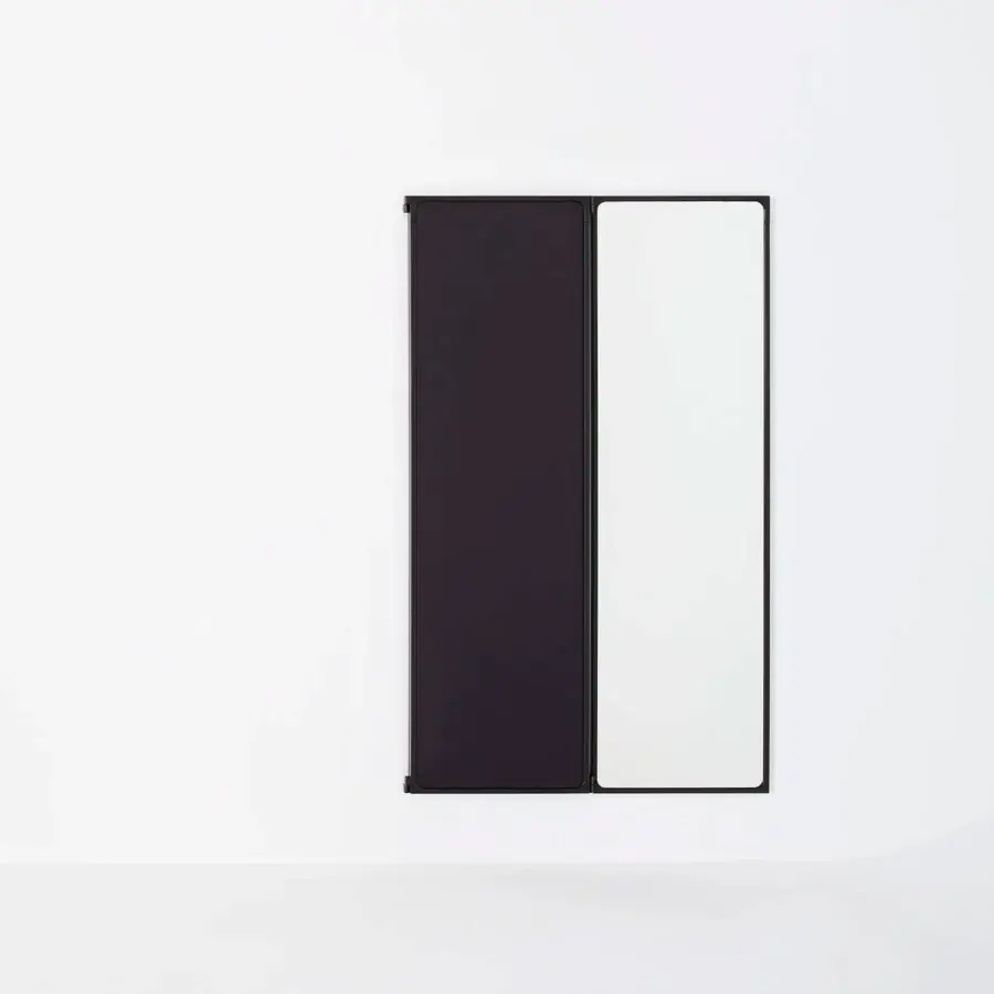 Distinguished Glas Italia Como mirror crafted in shiny-polished untreated solid brass with rotating dark matte lacquered glass panels
