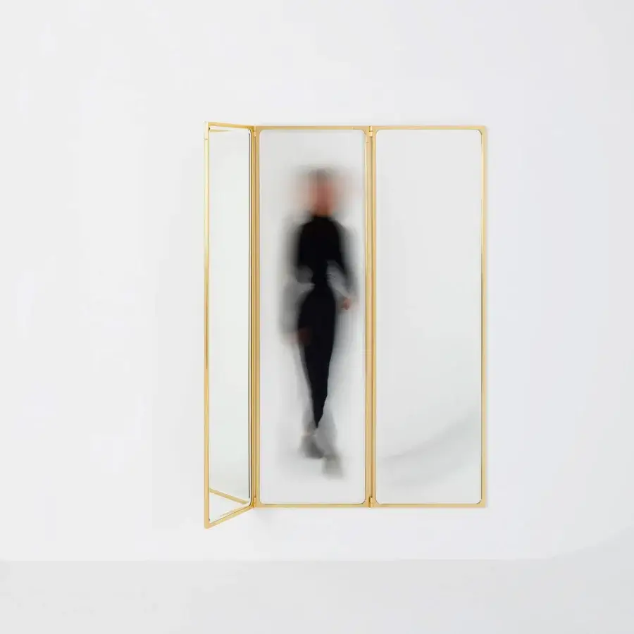 Elegant Glas Italia Como mirror crafted in shiny-polished untreated solid brass with rotating panels and matt lacquered glass back