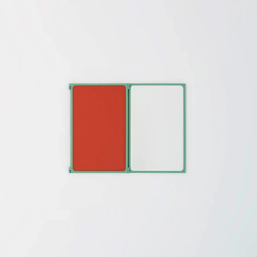 Superior Glas Italia Como mirror built in shiny-polished untreated solid brass with turquoise and matte red panels