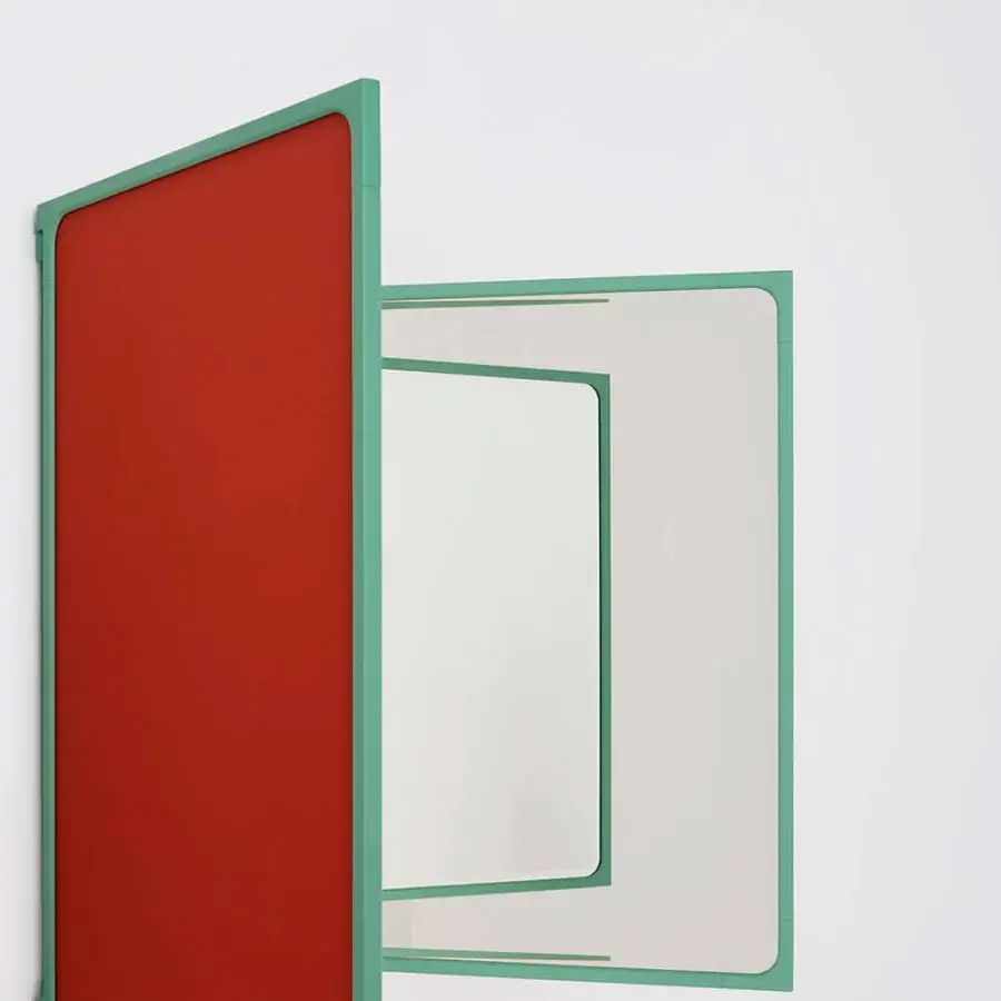 Exceptional Glas Italia Como mirror built in shiny-polished untreated solid brass with a red panel and teal-green frame