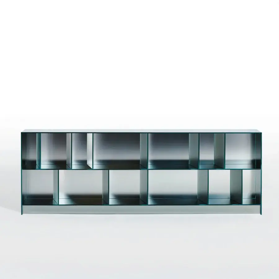 Exceptional Glas Italia Obliquo sideboard built from laminated glass with a shiny polished edge and teal-grey metal frame