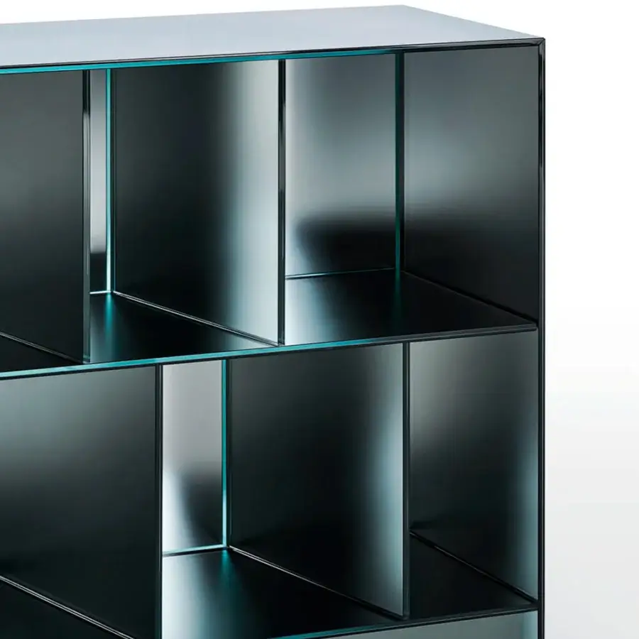 Superior Glas Italia Obliquo sideboard crafted from laminated glass with a shiny polished edge and smoky gray finish