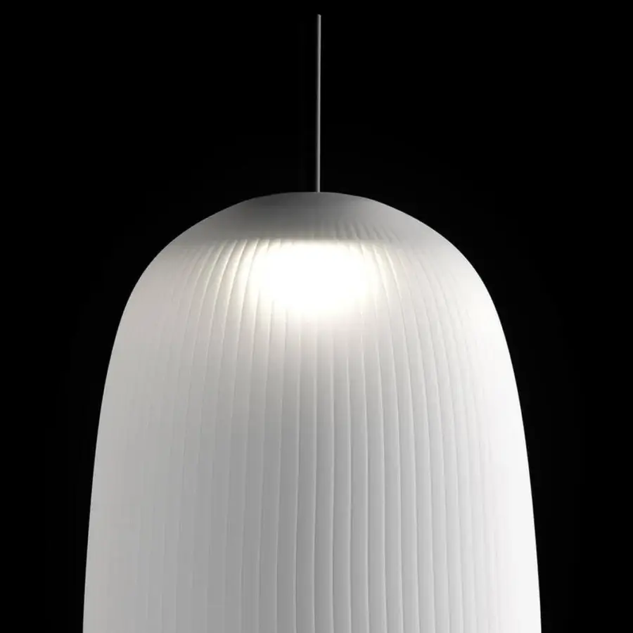 Sophisticated melogranoblu Maat table lamp crafted in hand-blown glass with a delicate pleated effect and matte white finish