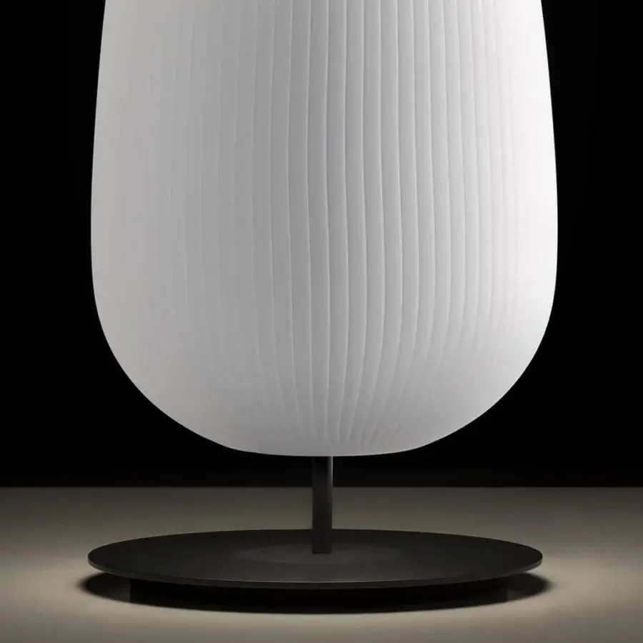 Exceptional melogranoblu Maat table lamp crafted in hand-blown glass with a white shade and dark matte metal base