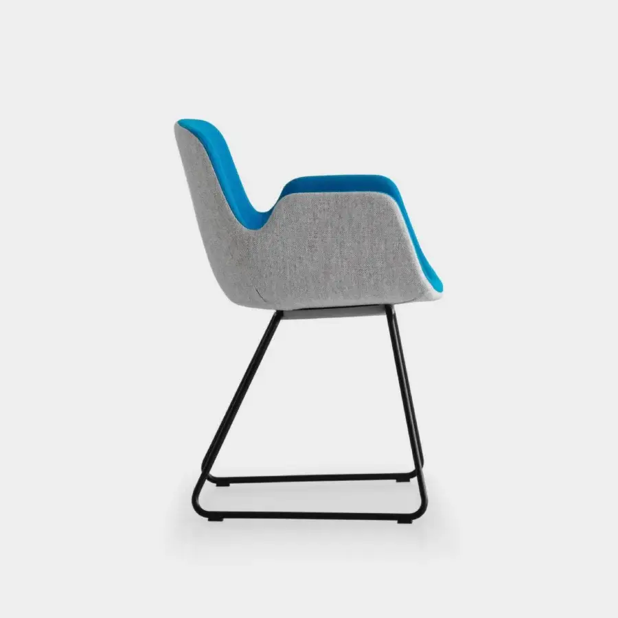 Exceptional Lapalma Pass armchair with fully padded form upholstered in textured matte medium gray and vibrant blue with a sleek black matte metal frame