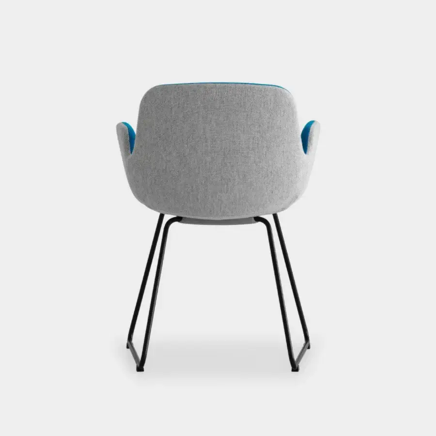 Sophisticated Lapalma Pass armchair with fully padded form upholstered in textured neutral gray textile with bright blue trim and sleek black metal legs