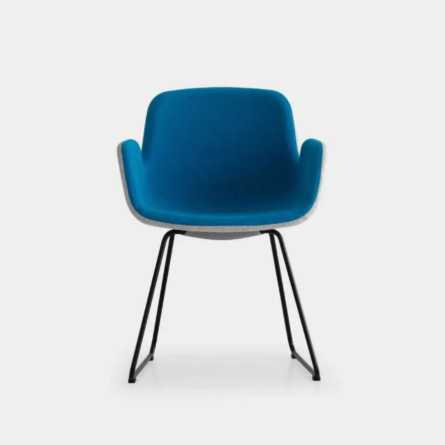 Distinguished Lapalma Pass armchair with fully padded form upholstered in vibrant blue textured textile and matte black metal base