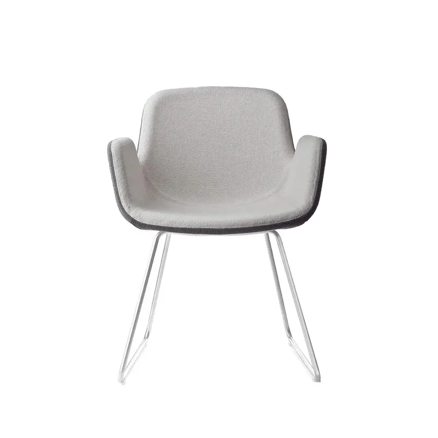 Elegant Lapalma Pass armchair with fully padded construction upholstered in light gray textured textile and polished metal base
