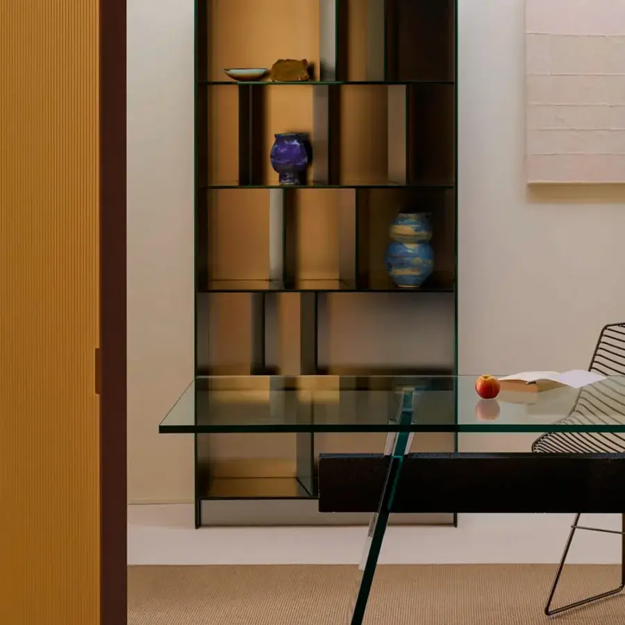 Exceptional Glas Italia Obliquo cupboard crafted with shiny polished laminated glass and a dark grey-black matte metal frame