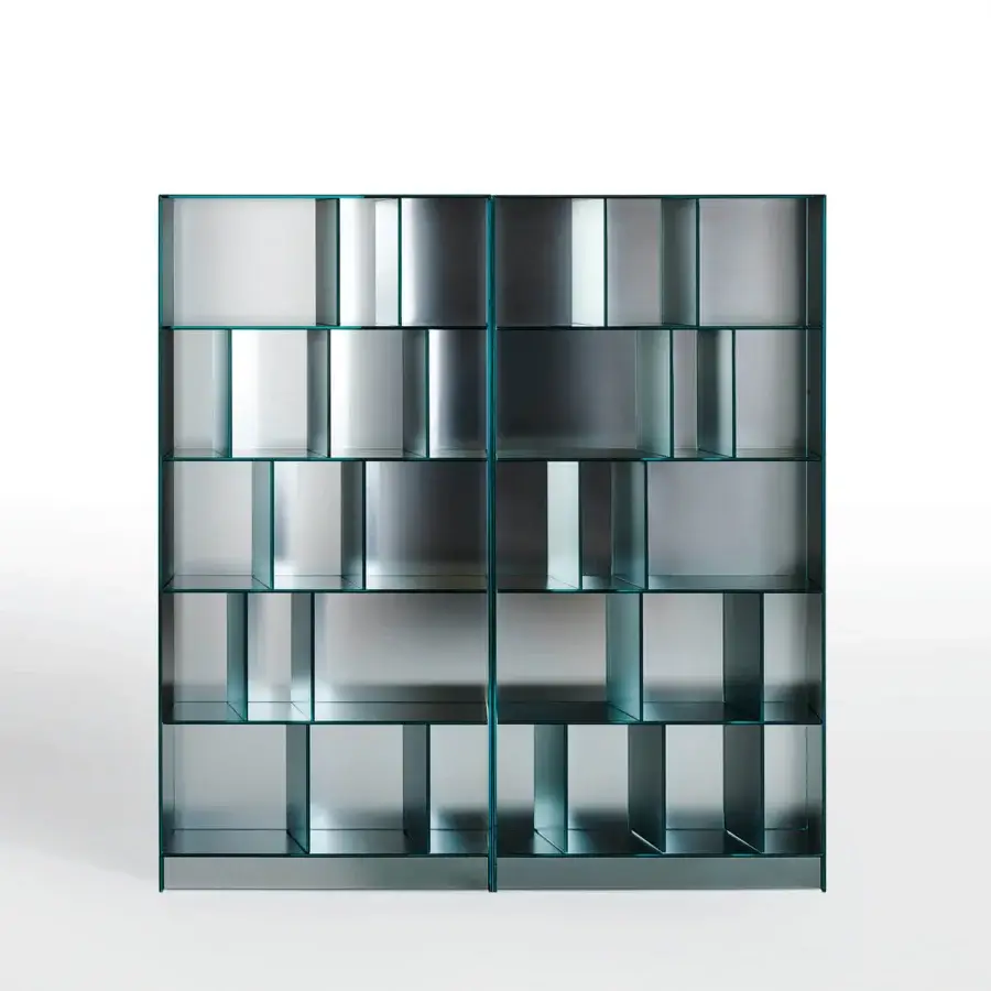 Superior Glas Italia Obliquo cupboard built with tinted laminated glass and teal metal framework, exhibiting a polished finish